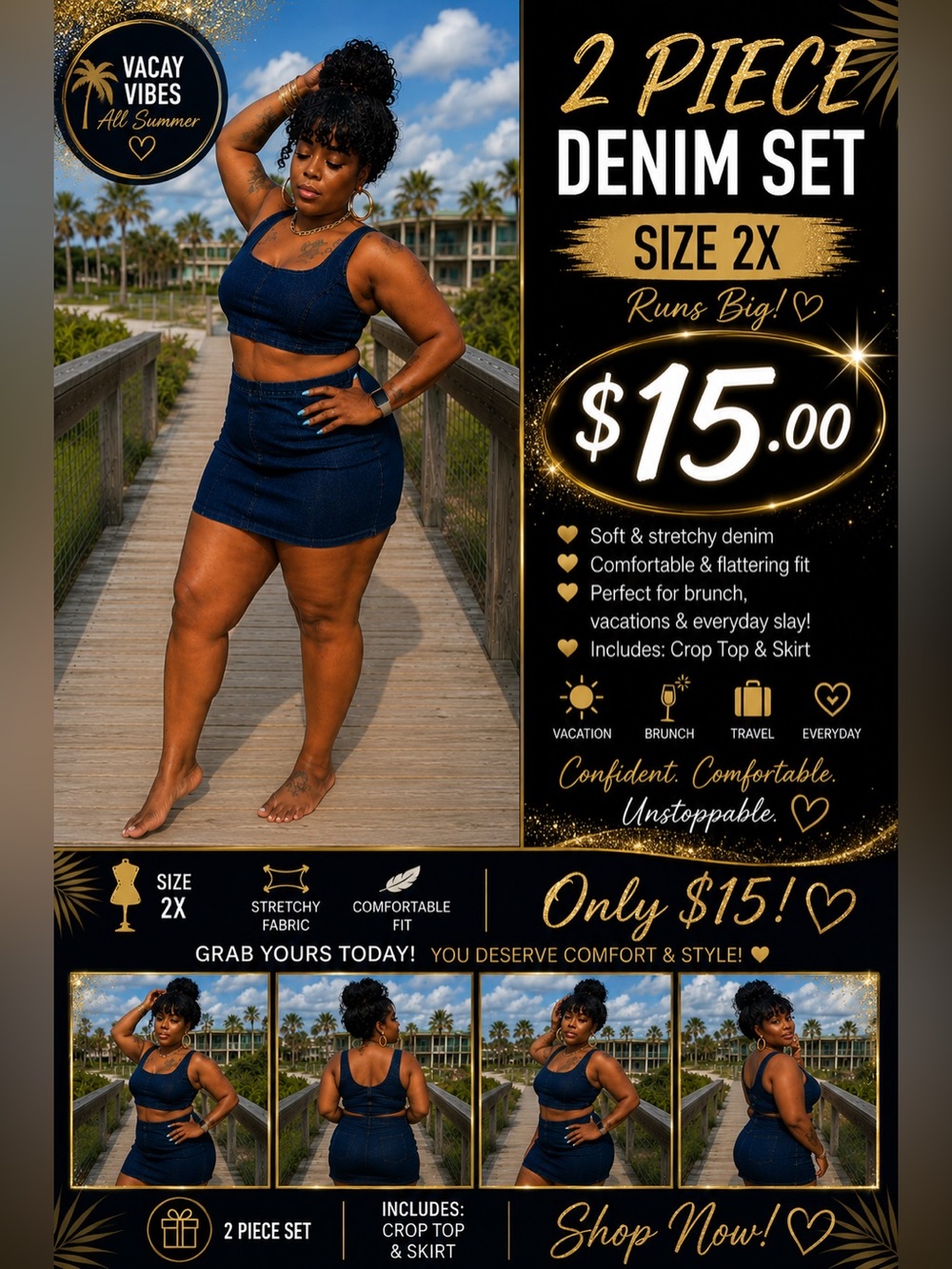 2-Piece Denim Crop Top & Mini Skirt Set - Deep Indigo